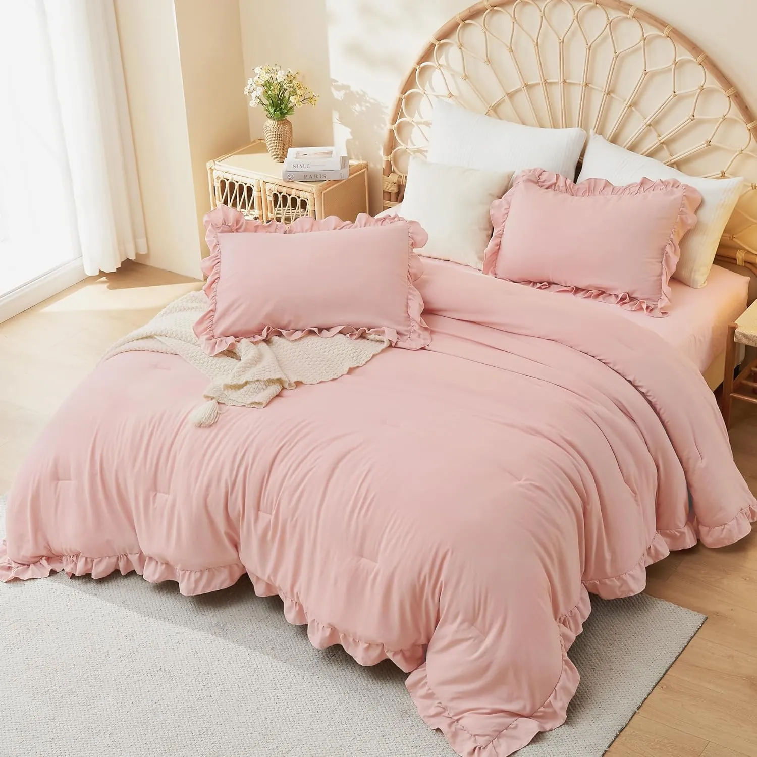 Litanika Full Size Comforter Sets, 3 Pieces Blush Pink Ruffle Girls Women Cute Bedding Comforters & Sets, Lightweight Fluffy Microfiber as Gift (79x90In Comforter & 2 Pillowcases)
