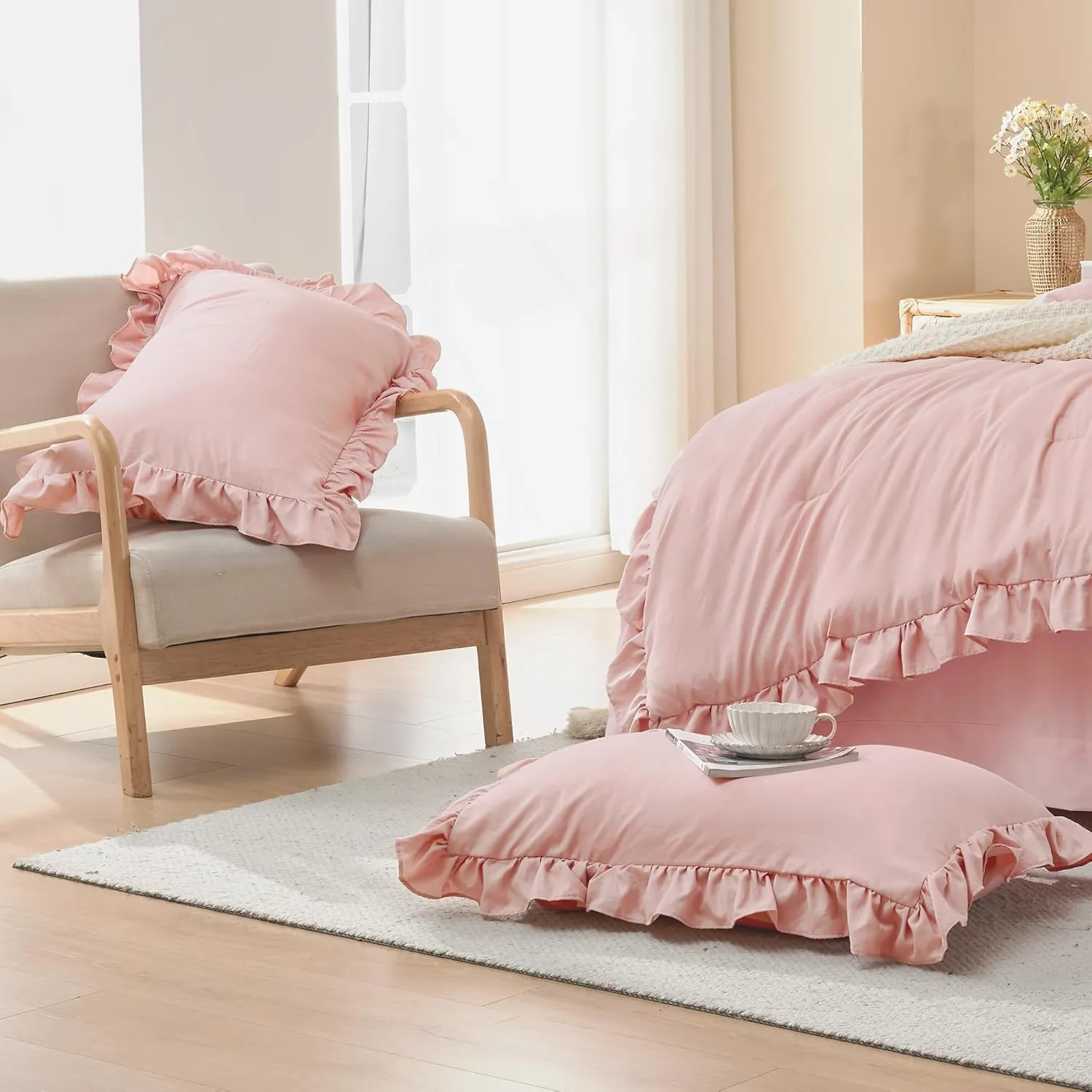 Litanika Full Size Comforter Sets, 3 Pieces Blush Pink Ruffle Girls Women Cute Bedding Comforters & Sets, Lightweight Fluffy Microfiber as Gift (79x90In Comforter & 2 Pillowcases)