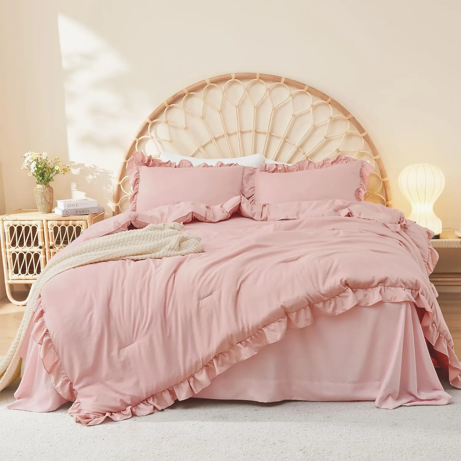Litanika Full Size Comforter Sets, 3 Pieces Blush Pink Ruffle Girls Women Cute Bedding Comforters & Sets, Lightweight Fluffy Microfiber as Gift (79x90In Comforter & 2 Pillowcases)