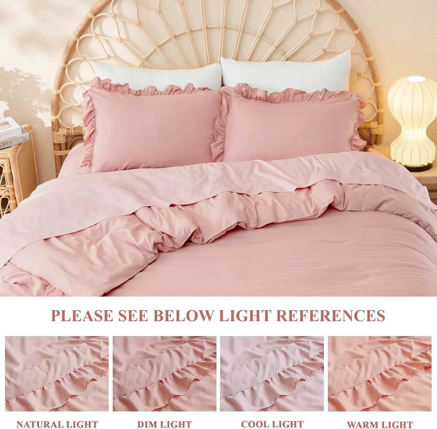 Litanika Full Size Comforter Sets, 3 Pieces Blush Pink Ruffle Girls Women Cute Bedding Comforters & Sets, Lightweight Fluffy Microfiber as Gift (79x90In Comforter & 2 Pillowcases)