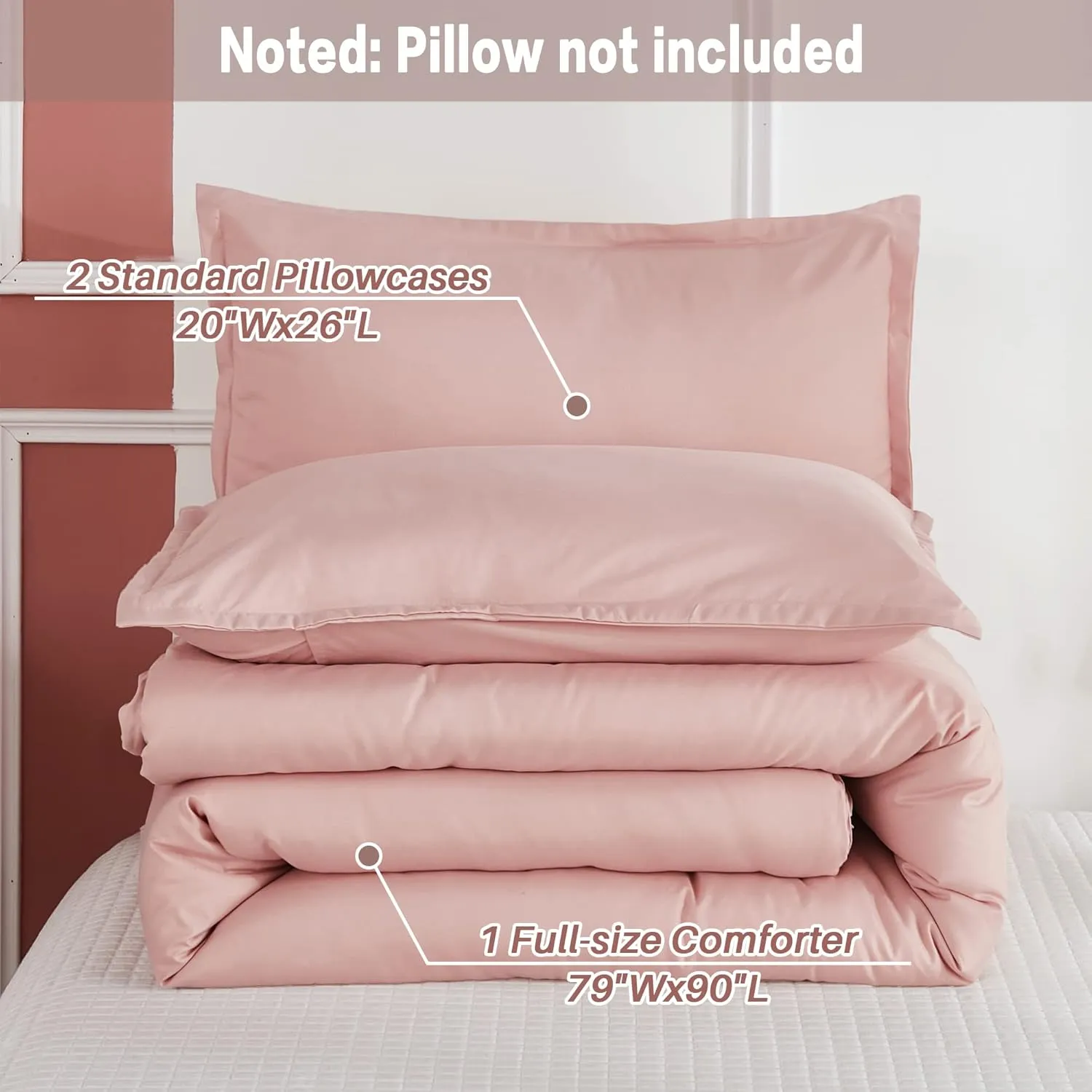 Litanika Pink Comforter Set Full Size for Girls, 3 Pieces Blush Women Plain Bedding Comforter Set, All Season Bed Set (79x90In Comforter & 2 Pillowcases)