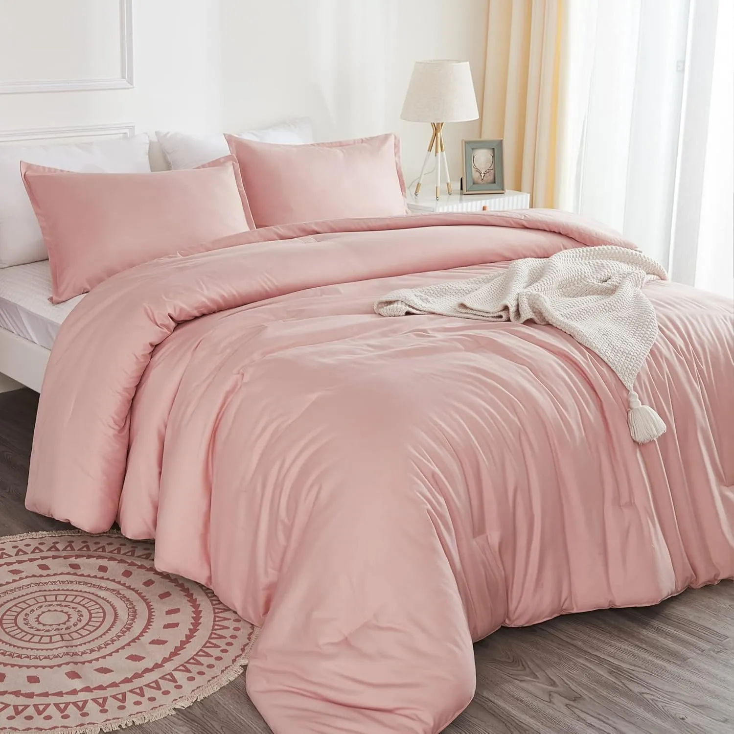 Litanika Pink Comforter Set Full Size for Girls, 3 Pieces Blush Women Plain Bedding Comforter Set, All Season Bed Set (79x90In Comforter & 2 Pillowcases)