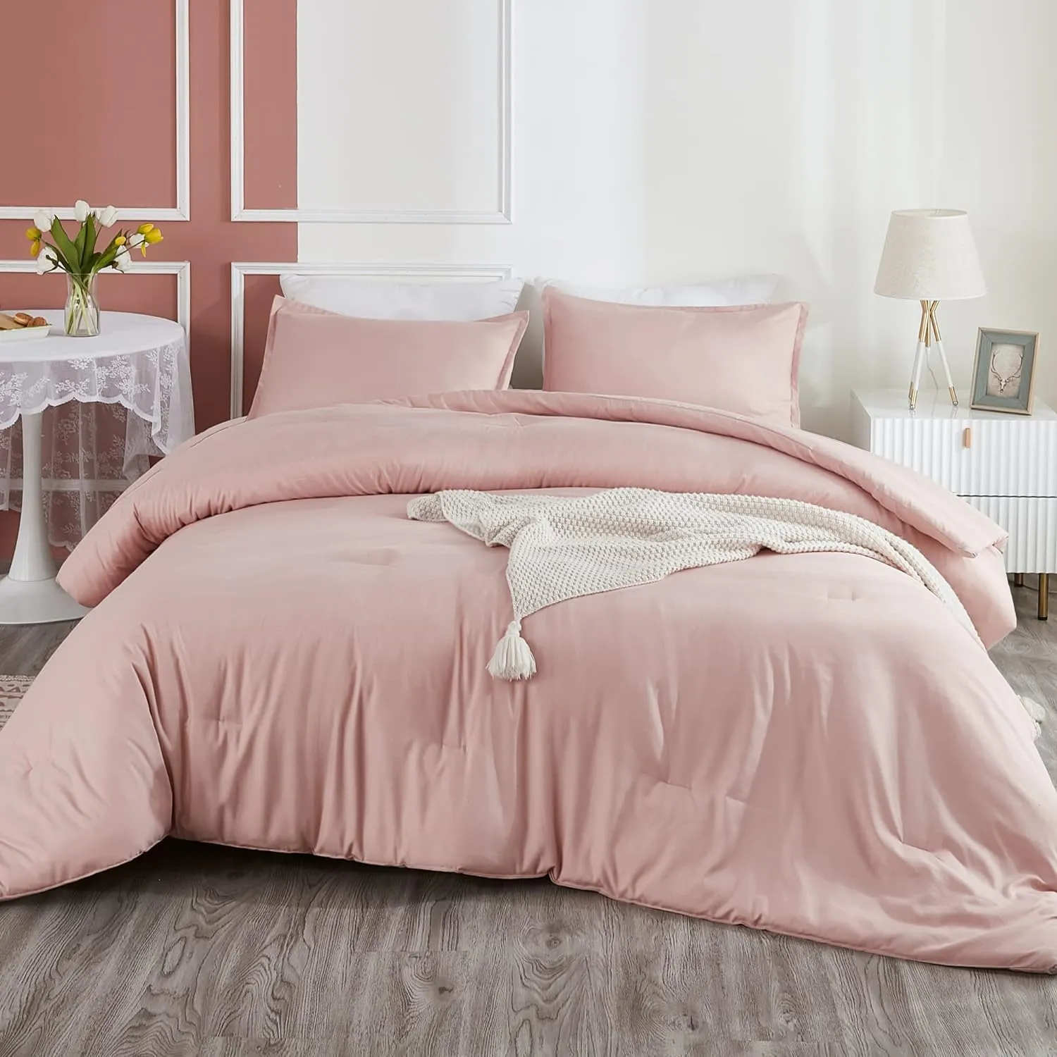 Litanika Pink Comforter Set Full Size for Girls, 3 Pieces Blush Women Plain Bedding Comforter Set, All Season Bed Set (79x90In Comforter & 2 Pillowcases)