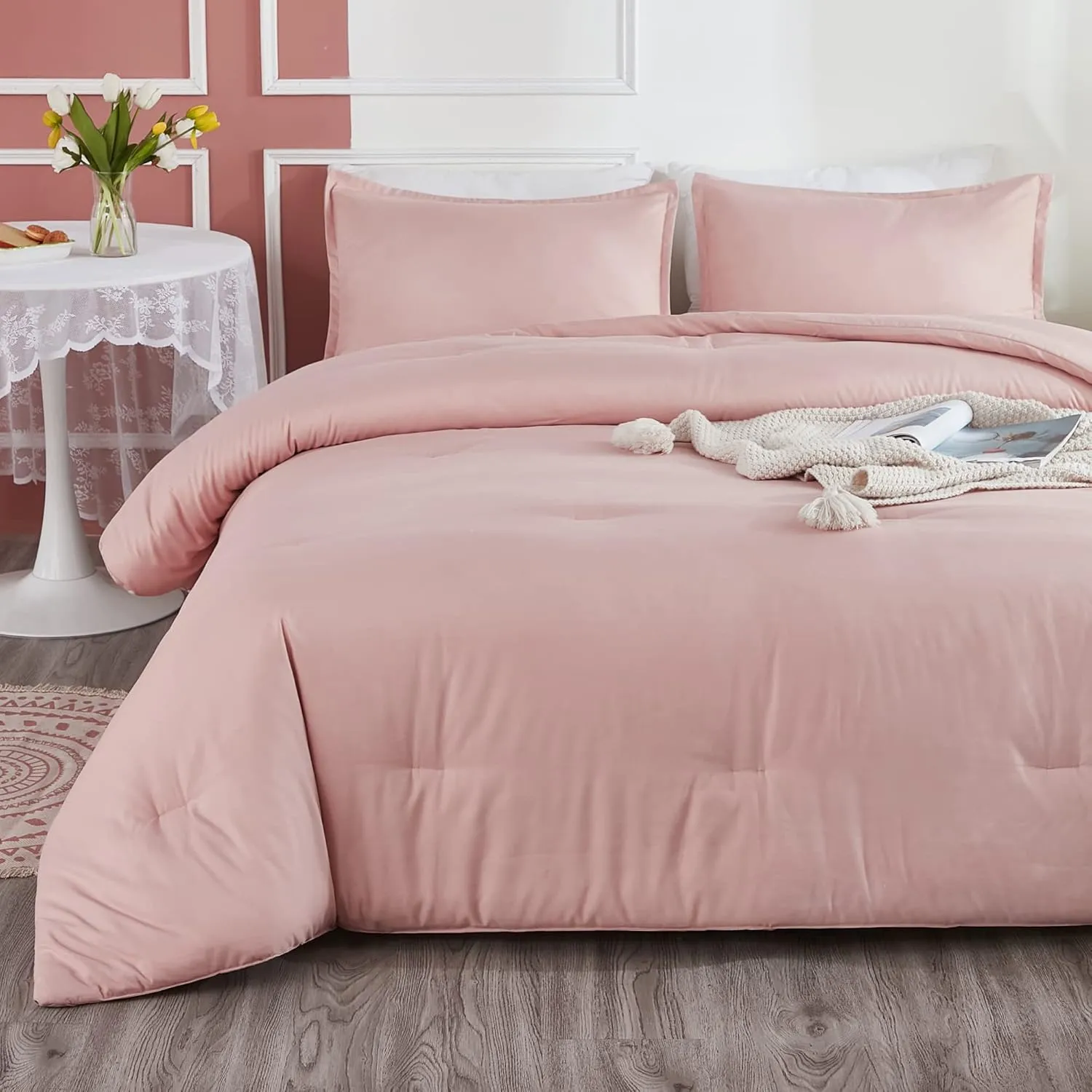 Litanika Pink Comforter Set Full Size for Girls, 3 Pieces Blush Women Plain Bedding Comforter Set, All Season Bed Set (79x90In Comforter & 2 Pillowcases)
