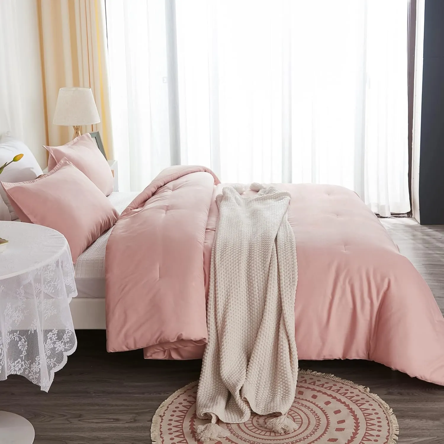 Litanika Pink Comforter Set Full Size for Girls, 3 Pieces Blush Women Plain Bedding Comforter Set, All Season Bed Set (79x90In Comforter & 2 Pillowcases)