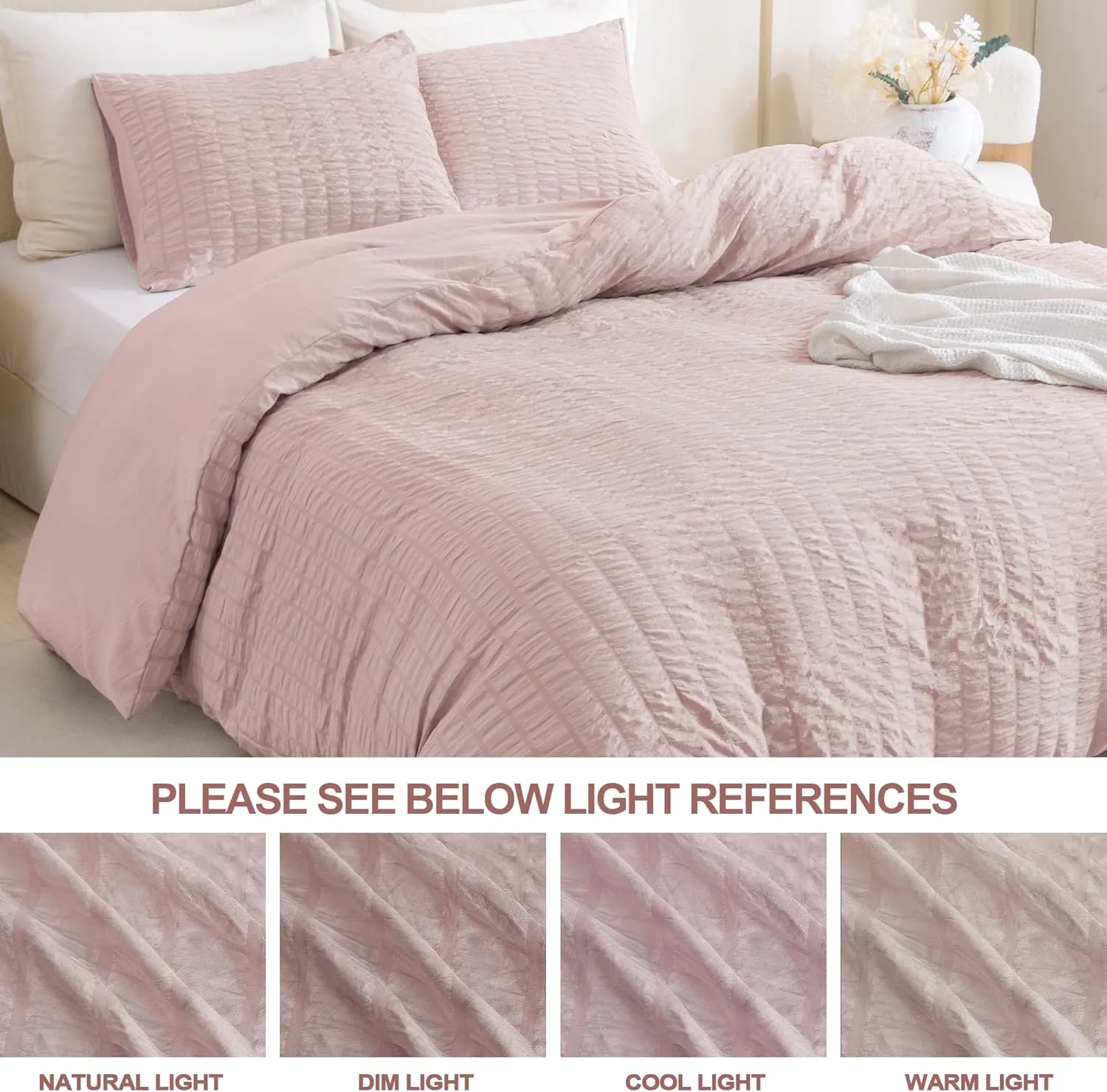 Litanika Pink Queen Size Comforter Set, 3 Pieces Blush Girls Women Lightweight Summer Seersucker Bedding Set & Collections, Soft Cute Bed Set (90x90In Comforter & 2 Pillowcases)