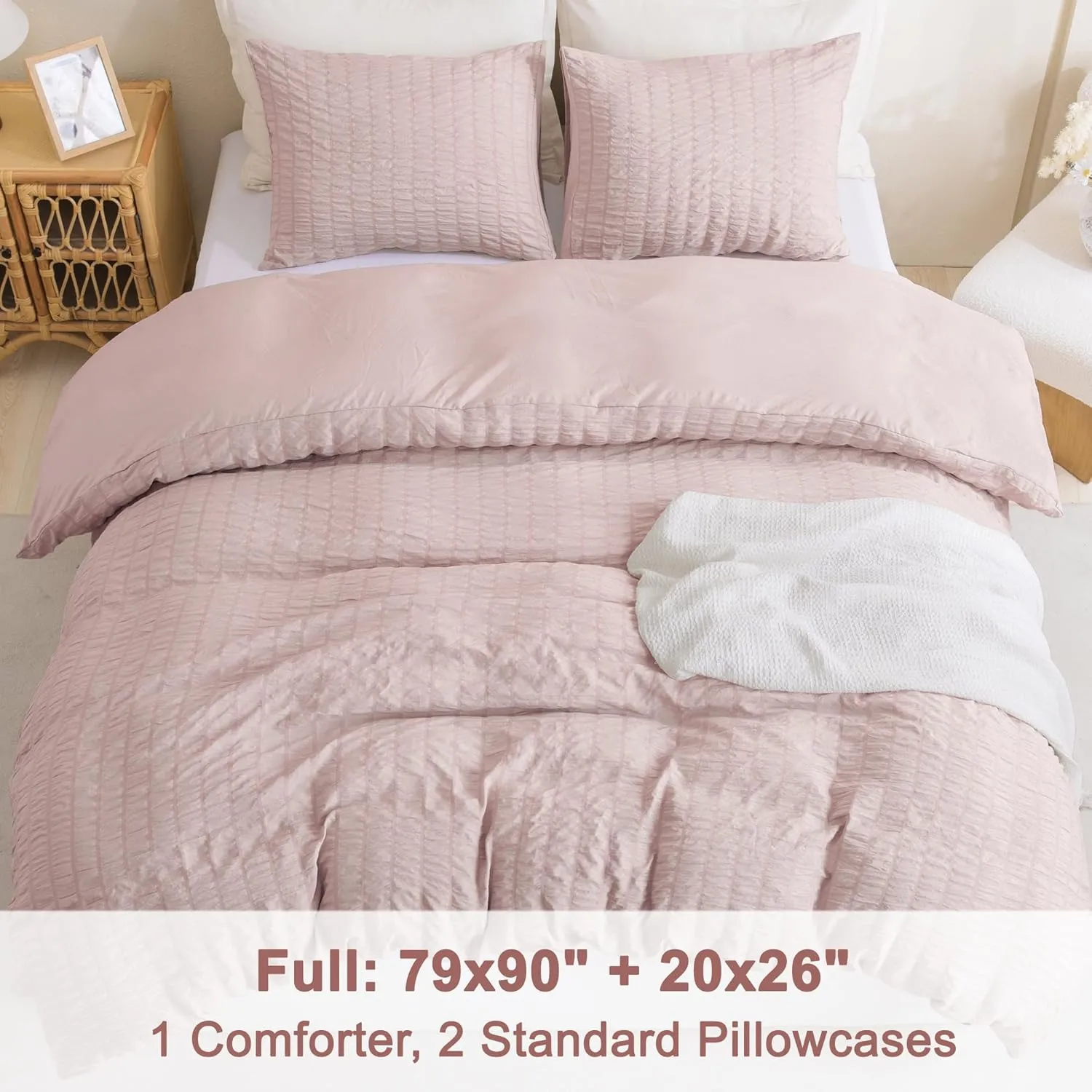 Litanika Pink Queen Size Comforter Set, 3 Pieces Blush Girls Women Lightweight Summer Seersucker Bedding Set & Collections, Soft Cute Bed Set (90x90In Comforter & 2 Pillowcases)