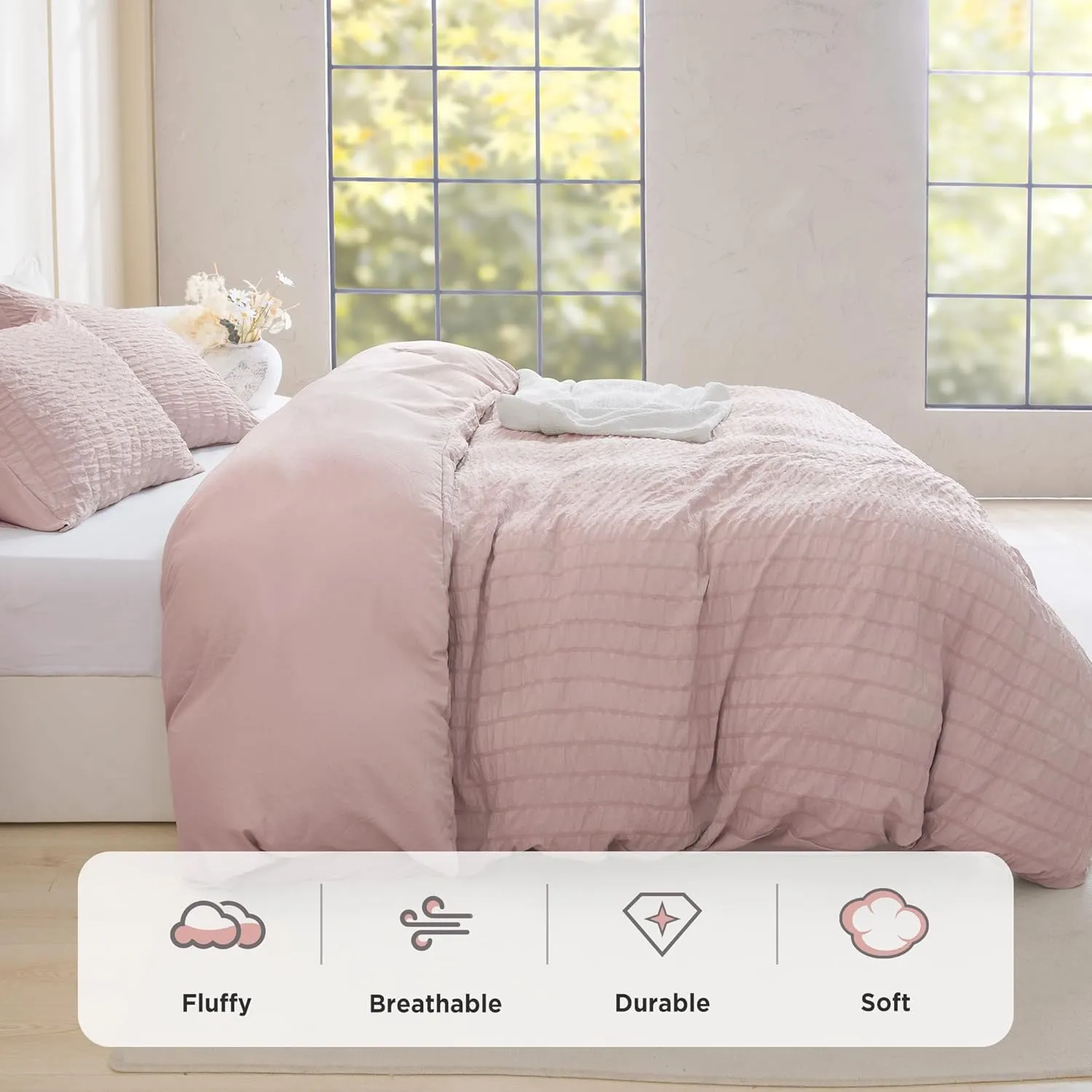 Litanika Pink Queen Size Comforter Set, 3 Pieces Blush Girls Women Lightweight Summer Seersucker Bedding Set & Collections, Soft Cute Bed Set (90x90In Comforter & 2 Pillowcases)