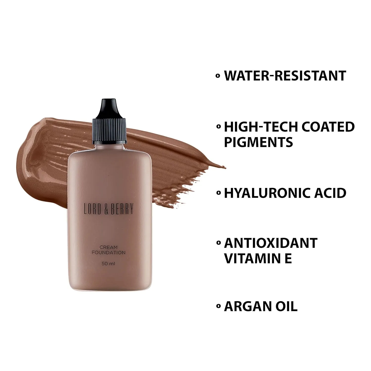 Lord & Berry CREAM FOUNDATION Fluid Foundation, Long Lasting Waterproof Coverage Foundation Enriched With Vitamin E and Argon Oil