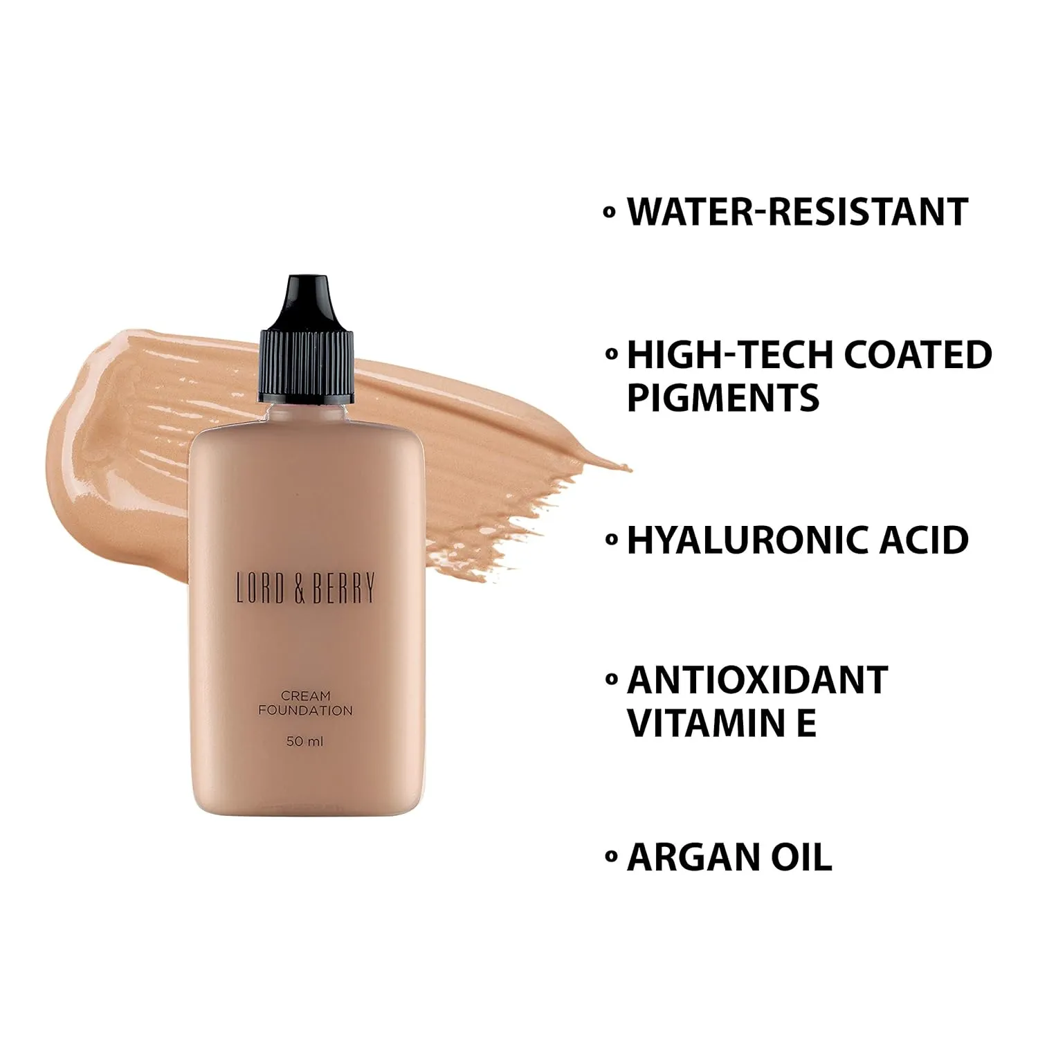 Lord & Berry CREAM FOUNDATION Fluid Foundation, Long Lasting Waterproof Coverage Foundation Enriched With Vitamin E and Argon Oil