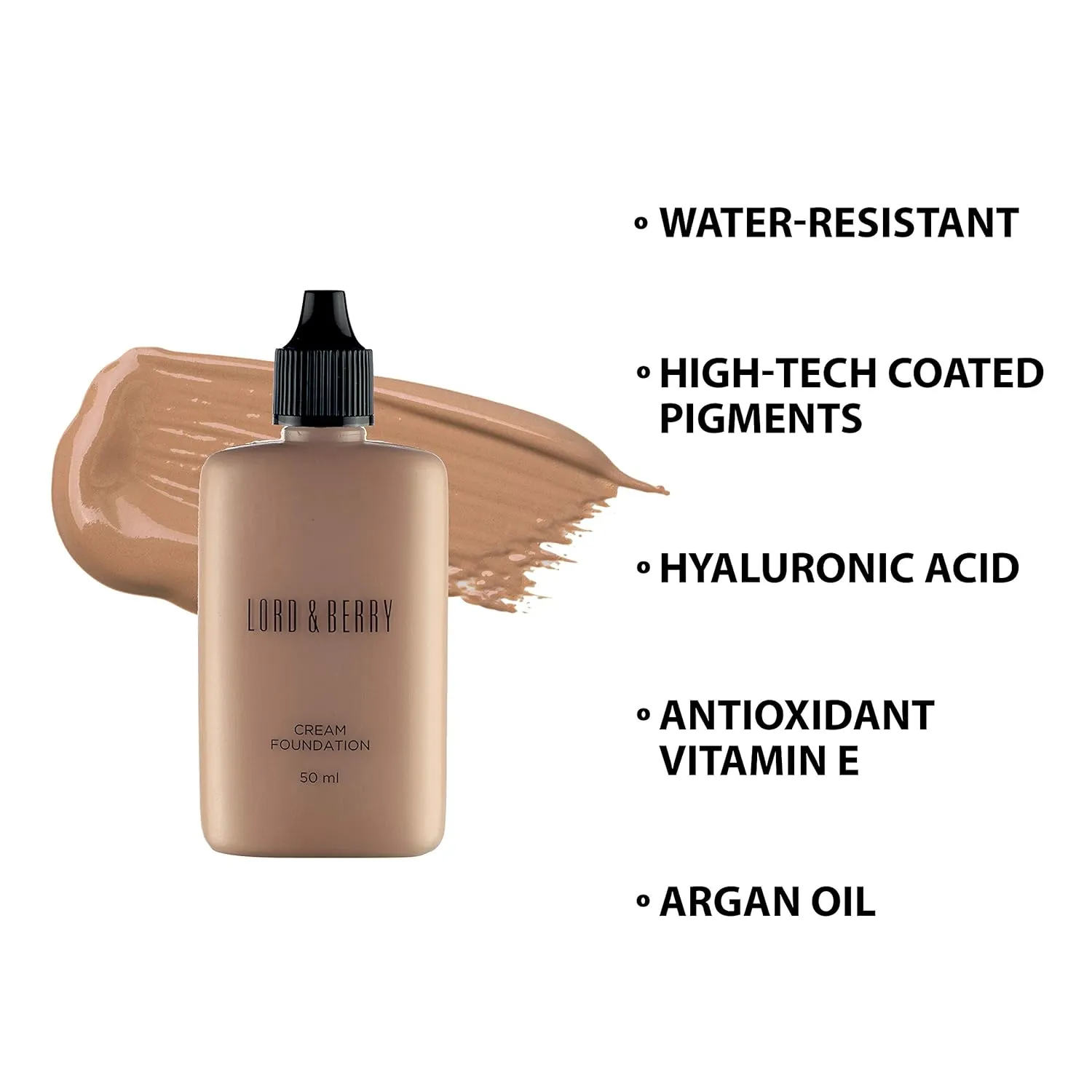 Lord & Berry CREAM FOUNDATION Fluid Foundation, Long Lasting Waterproof Coverage Foundation Enriched With Vitamin E and Argon Oil