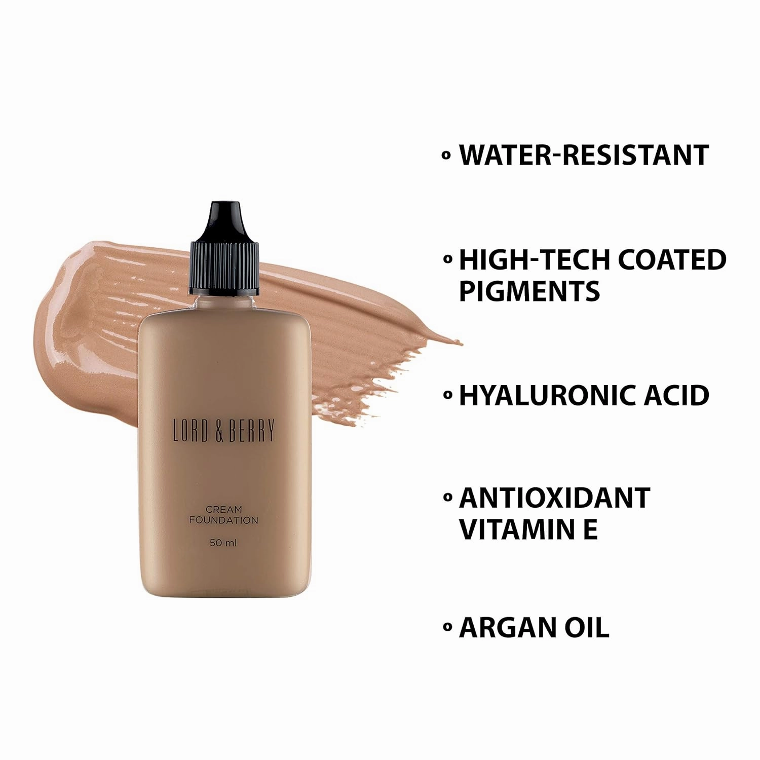 Lord & Berry CREAM FOUNDATION Fluid Foundation, Long Lasting Waterproof Coverage Foundation Enriched With Vitamin E and Argon Oil