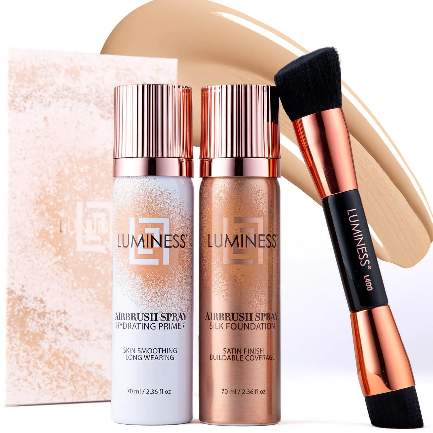 LUMINESS Airbrush Flawless 4-PC Makeup Kit - Includes Eyeshadow Palette, Airbrush Foundation, Primer & Makeup Brushes - Long-Lasting, Silky, Easy to Blend Make Up Set, Travel Size (02 - Fair)