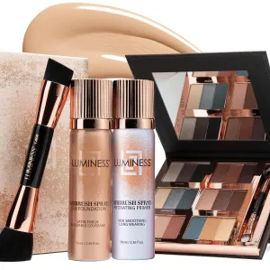 LUMINESS Airbrush Flawless 4-PC Makeup Kit - Includes Eyeshadow Palette, Airbrush Foundation, Primer & Makeup Brushes - Long-Lasting, Silky, Easy to Blend Make Up Set, Travel Size (02 - Fair)