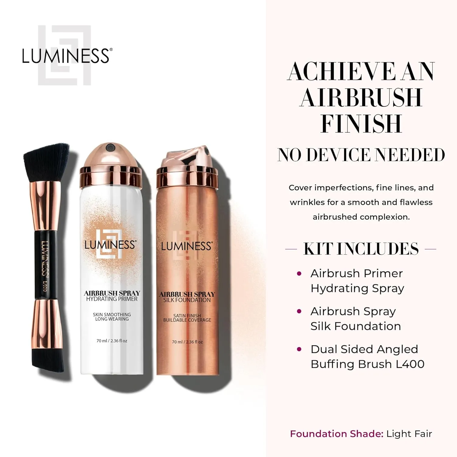 LUMINESS Airbrush Spray Silk Foundation Starter Kit - Fair Light - Foundation, Primer & Dual-Sided Angled Buffing Brush - Medium, Buildable Coverage, Anti-Aging Formula Hydrates & Moisturizes
