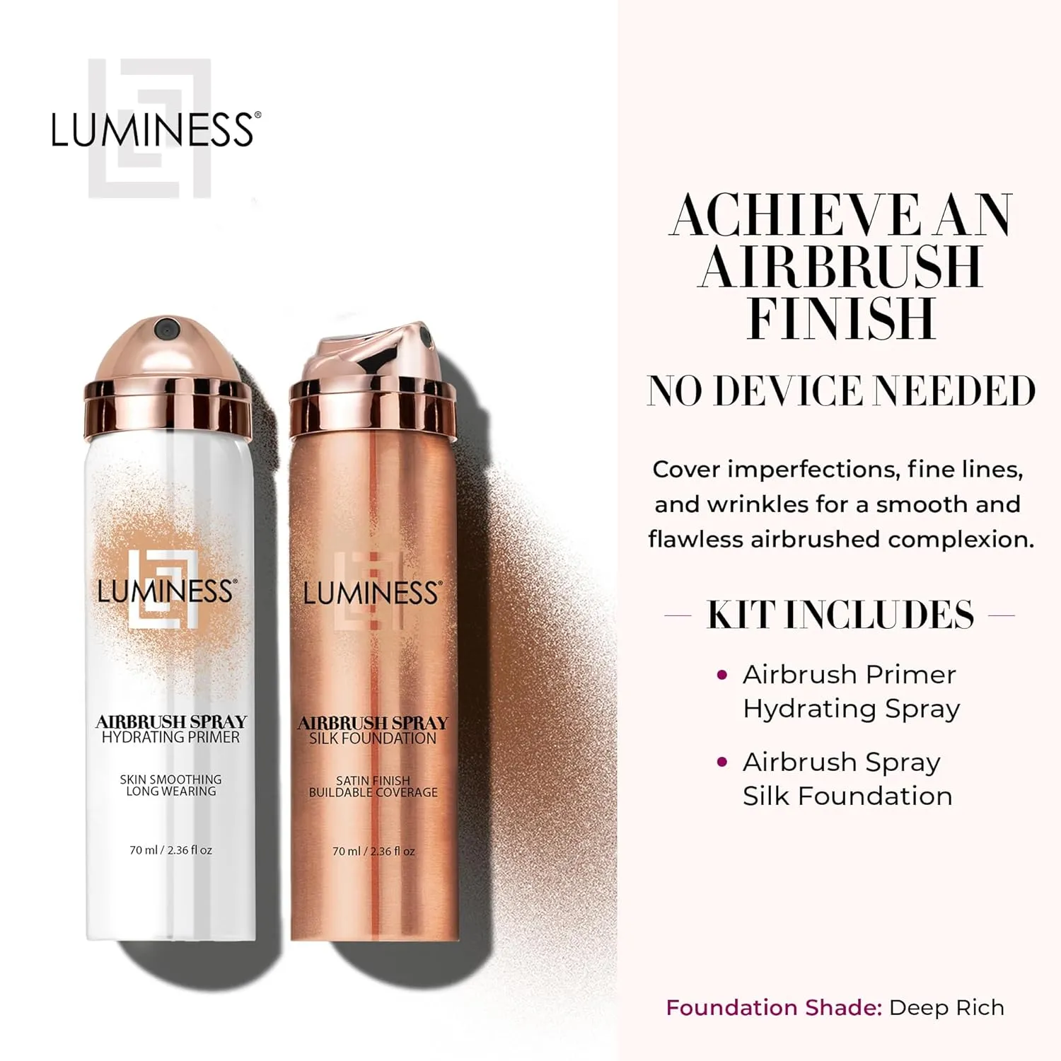 LUMINESS Silk Airbrush Spray Foundation & Primer Kit - Full Coverage Foundation, Anti-Aging Formula Hydrates & Moisturizes with Hyaluronic Acid, Aloe Vera & Hydrolyzed Silk (Shade - Deep Rich)