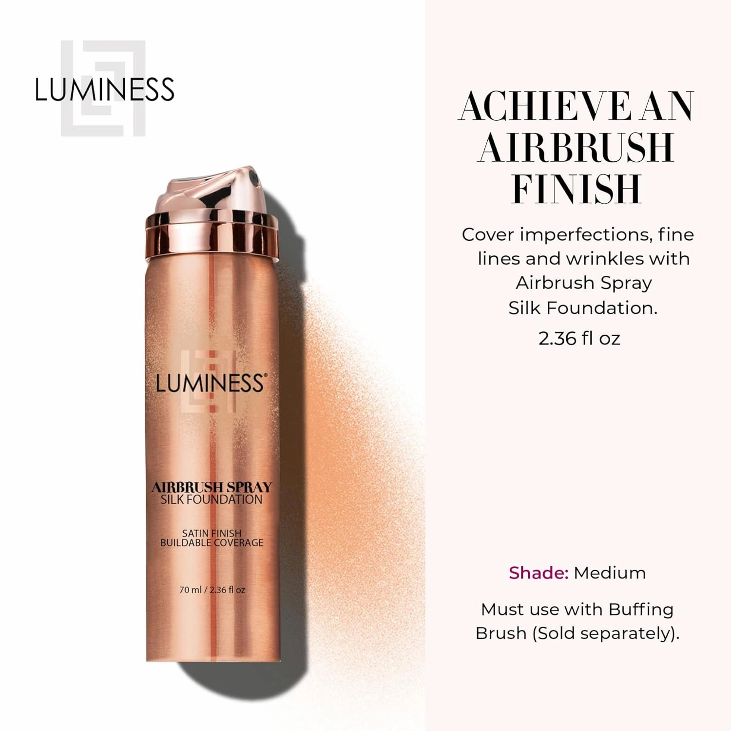 LUMINESS Silk Airbrush Spray Foundation - Full Coverage Foundation - Formula Hydrates & Moisturizes with Hyaluronic Acid, Aloe Vera & Hydrolyzed Silk (Shade - Medium)