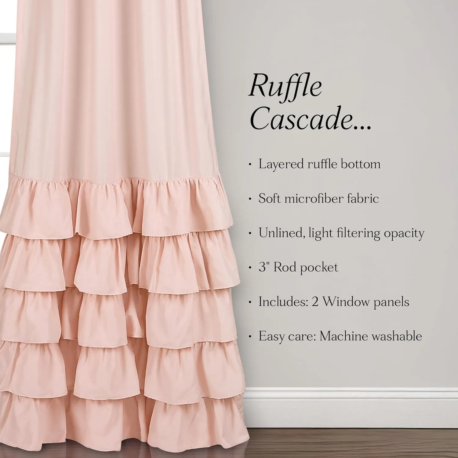 Lush Decor Allison Ruffle Curtains Window Panel Set for Living, Dining Room, Bedroom (Pair), 84 in L, Pink/Blush