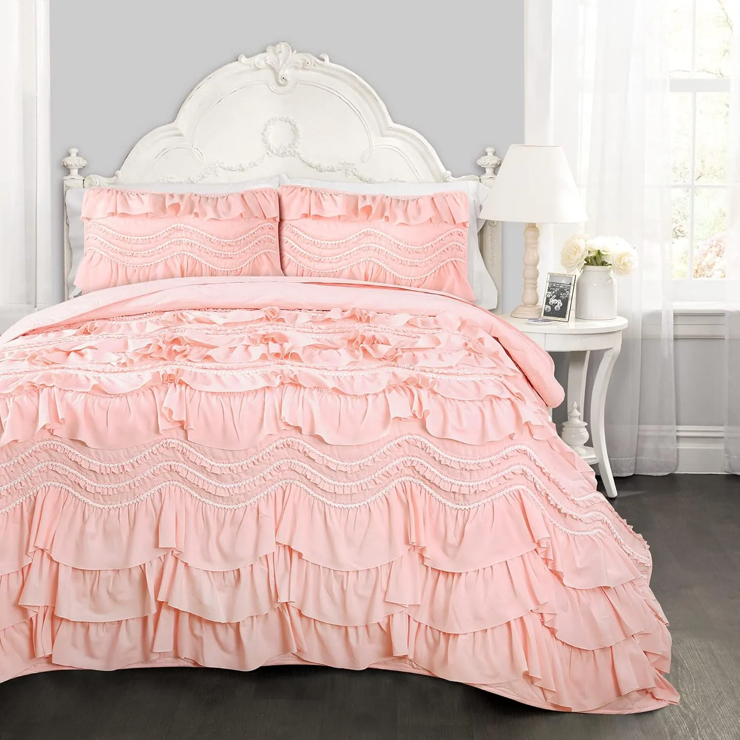 Lush Decor Kemmy Quilt Ruffled Textured 3 Piece King Size Bedding Set, Peach/Blush