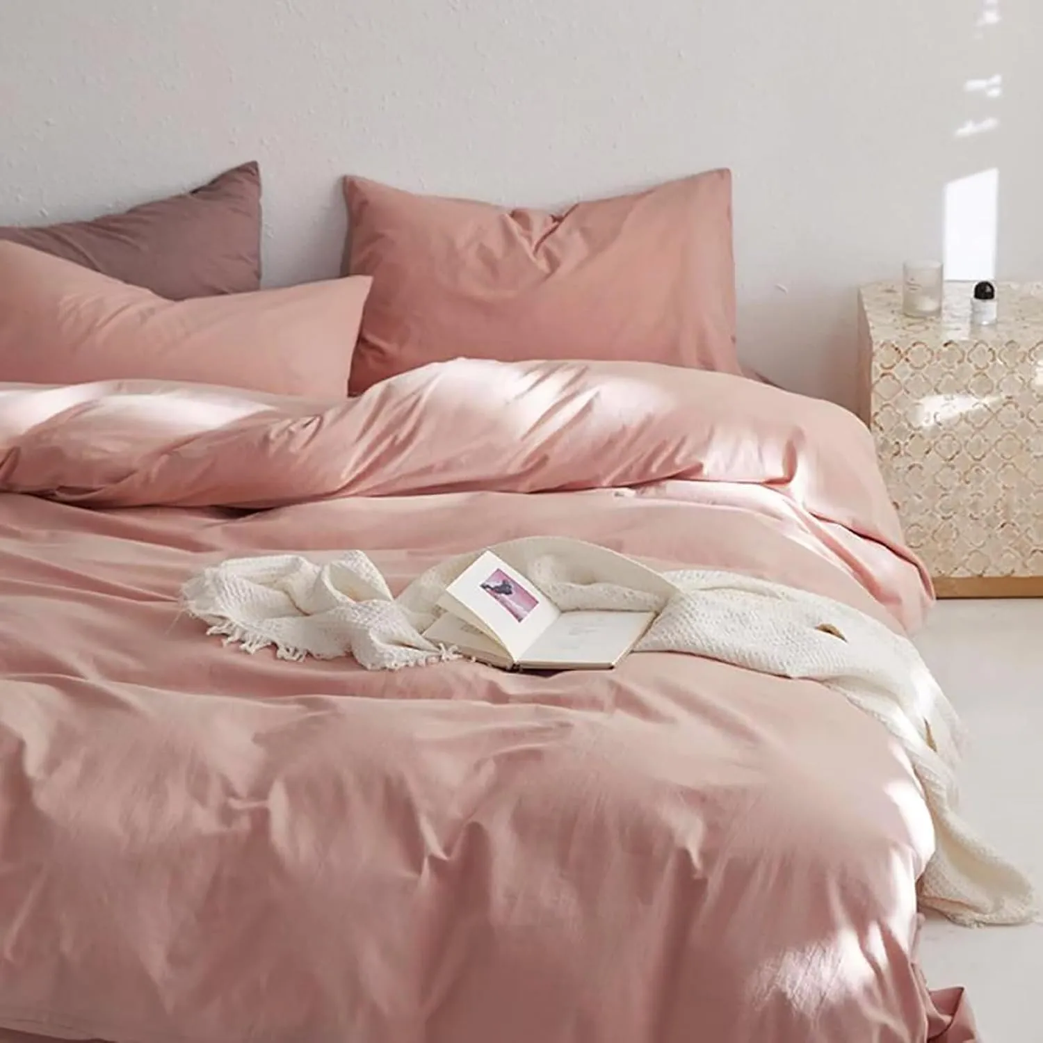 Luxlovery Blush Pink Comforter Set King Dusty Pink Bedding Comforter Sets Women Girls Blush Bedding Set Solid Color Breathable Bedding Comforter Set with 2 Pillowcases
