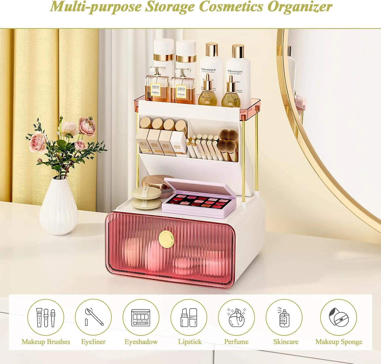 Makeup Organizer with Storage Drawer,Cosmetic Display with Lipsticks Brush Holder Perfume Tray,Organize Cosmetics and Beauty Supplies for Vanity,Dresser,Bathroom,Desktop Organizer,Blush Pink