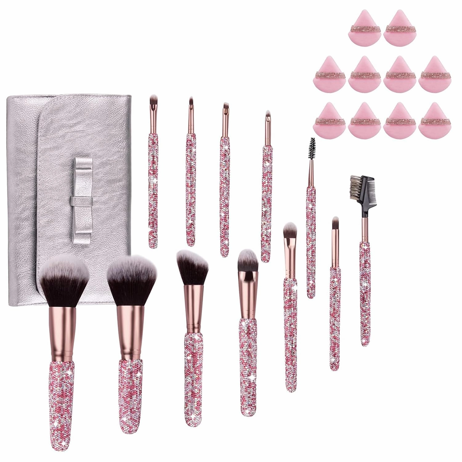 Makeup Brushes Bling Crystal Make Up Beauty Tool 12PCS & 10 Pieces Soft Face Powder Puff Triangle Makeup Puff Pink