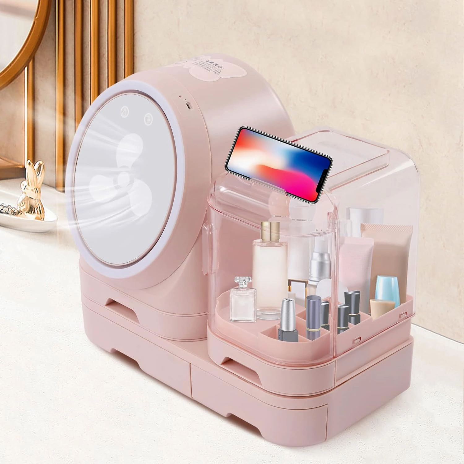 Makeup Organizer, LED Light Cosmetic Storage Display Cases, 360° Rotating Mirror, Skincare Organizers, Touch Control LED Lights and Small Fan, Suitable for Bathroom, Vanity Dress (Pink)