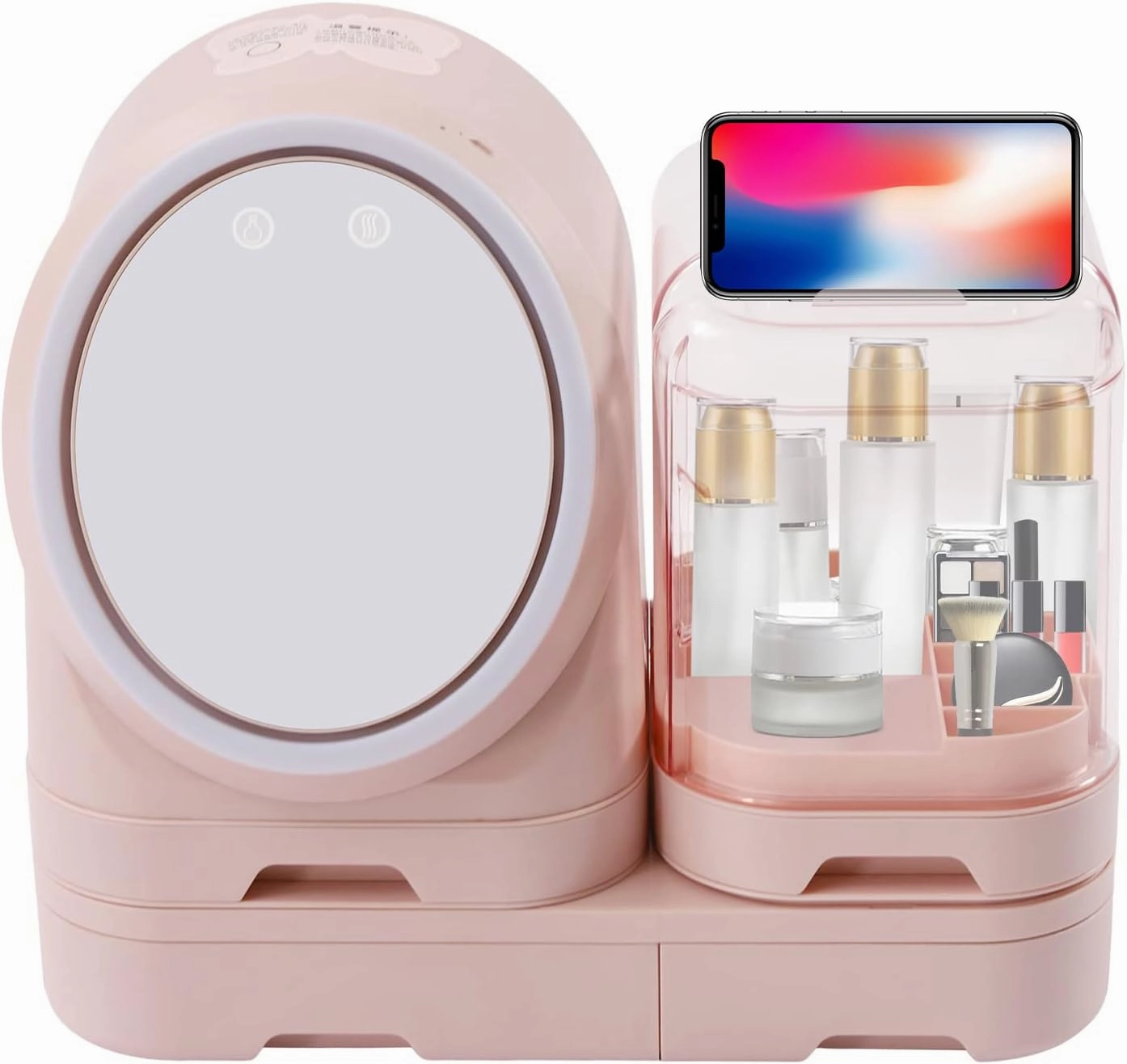 Makeup Organizer, LED Light Cosmetic Storage Display Cases, 360° Rotating Mirror, Skincare Organizers, Touch Control LED Lights and Small Fan, Suitable for Bathroom, Vanity Dress (Pink)