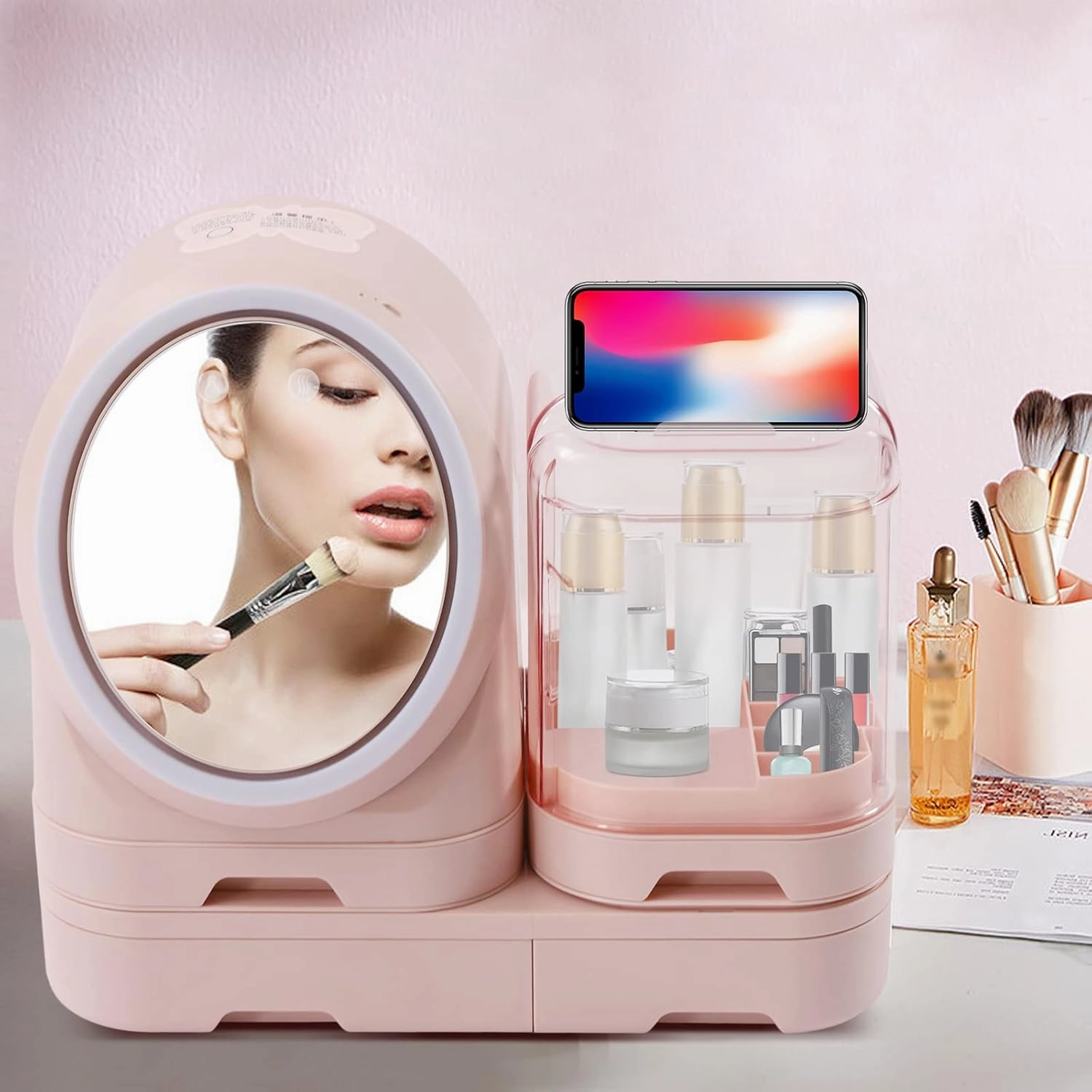 Makeup Organizer, LED Light Cosmetic Storage Display Cases, 360° Rotating Mirror, Skincare Organizers, Touch Control LED Lights and Small Fan, Suitable for Bathroom, Vanity Dress (Pink)