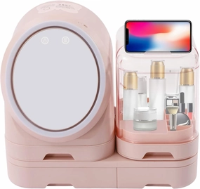 Makeup Organizer, LED Light Cosmetic Storage Display Cases, 360° Rotating Mirror, Skincare Organizers, Touch Control LED Lights and Small Fan, Suitable for Bathroom, Vanity Dress (Pink)