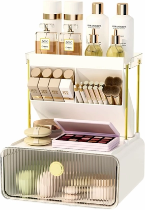 Makeup Organizer with Storage Drawer,Cosmetic Display with Lipsticks Brush Holder Perfume Tray,Organize Cosmetics and Beauty Supplies for Vanity,Dresser,Bathroom,Desktop Organizer,Clear