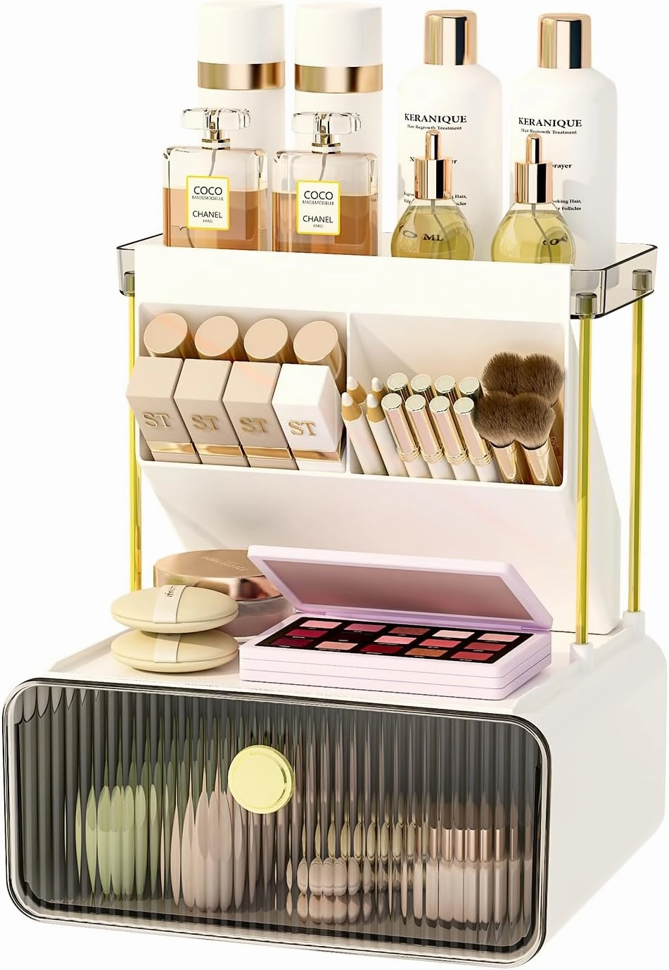 Makeup Organizer with Storage Drawer,Cosmetic Display with Lipsticks Brush Holder Perfume Tray,Organize Cosmetics and Beauty Supplies for Vanity,Dresser,Bathroom,Desktop Organizer,Smoky Gray