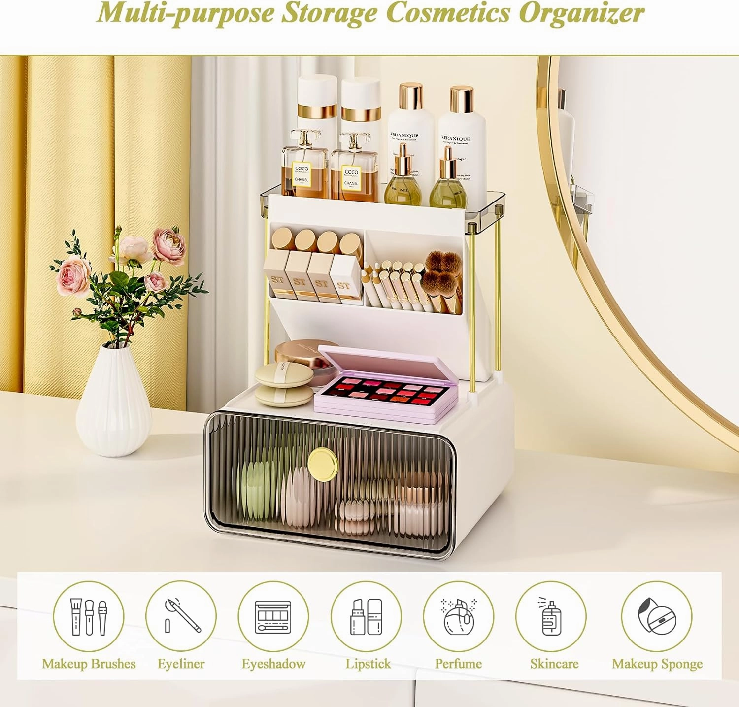 Makeup Organizer with Storage Drawer,Cosmetic Display with Lipsticks Brush Holder Perfume Tray,Organize Cosmetics and Beauty Supplies for Vanity,Dresser,Bathroom,Desktop Organizer,Smoky Gray