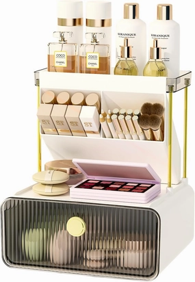 Makeup Organizer with Storage Drawer,Cosmetic Display with Lipsticks Brush Holder Perfume Tray,Organize Cosmetics and Beauty Supplies for Vanity,Dresser,Bathroom,Desktop Organizer,Smoky Gray