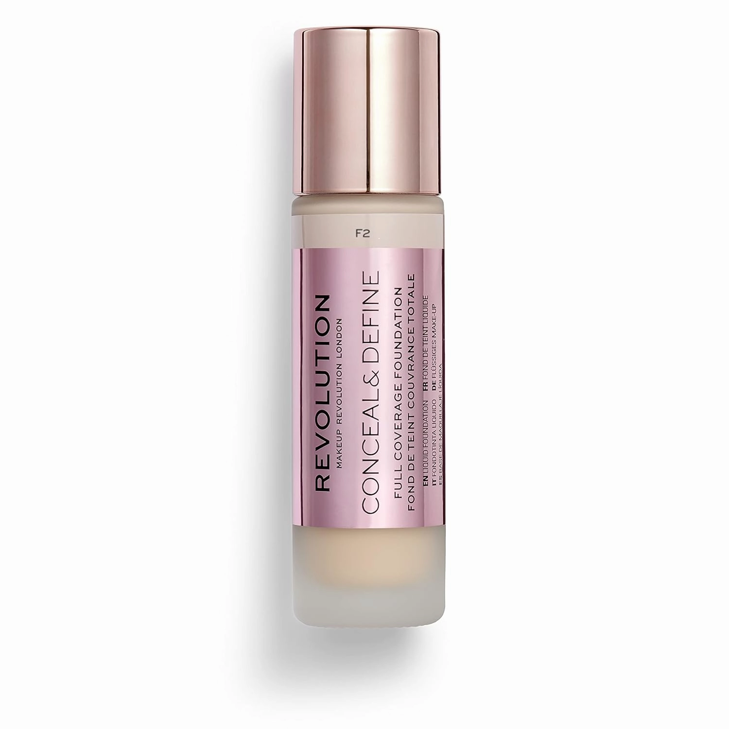 Makeup Revolution Conceal and Define Foundation, Full Coverage & Matte Finish, F2 for Fair Skin Tones, Vegan & Cruelty-Free, 0.7 Fl Oz