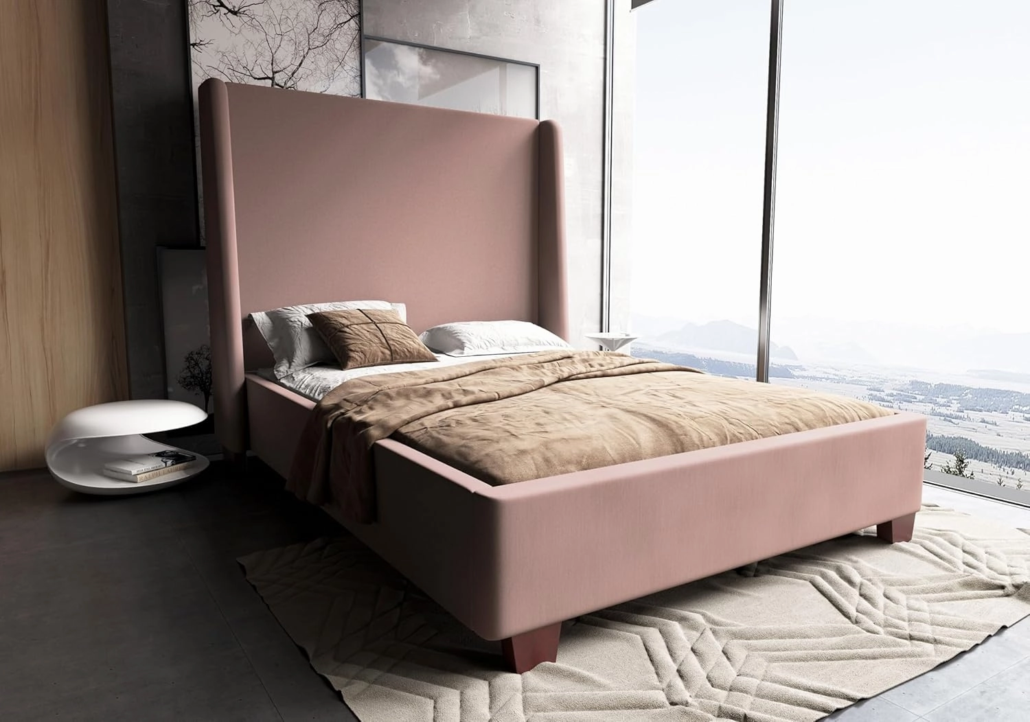 Manhattan Comfort Parlay Full Size Bed Frame with Headboard Upholstered in Soft Velvet, Minimalist Mid Century Modern Design, Solid Wood Construction, No Box Spring Needed, Slats Included, Blush Pink