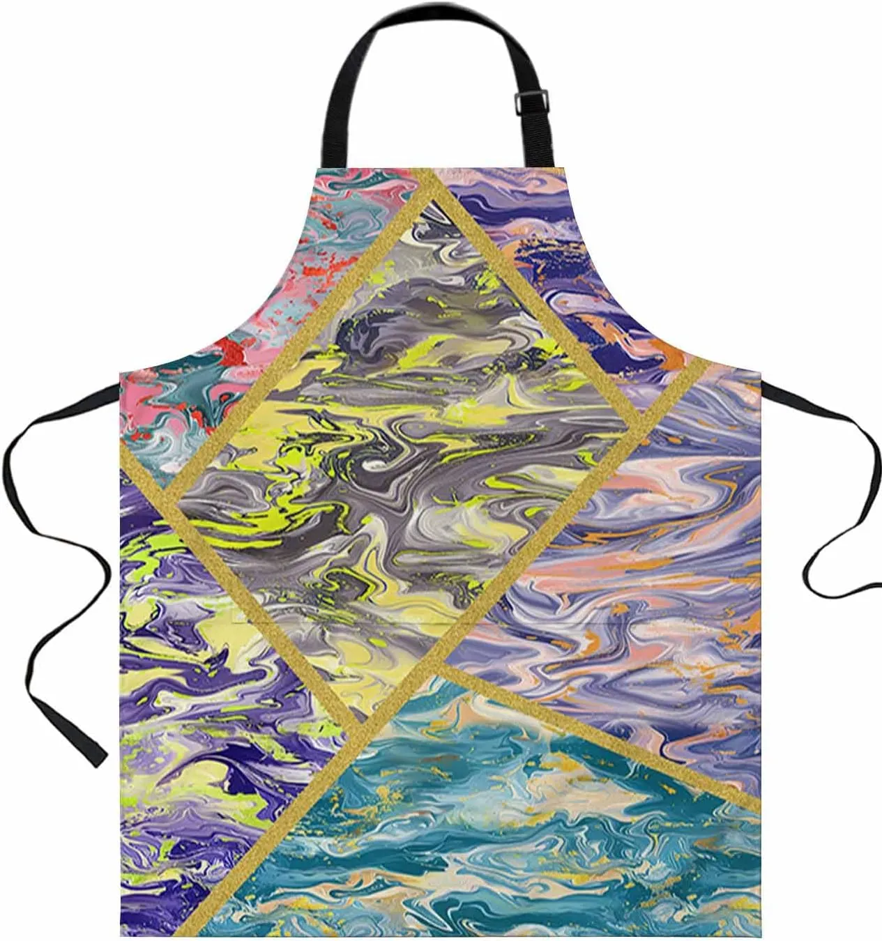 Marble Gold Waterproof Apron With Pockets,Abstract Gradient Teal Green Navy Blue Yellow Kitchen Chefs Bib Cooking BBQ Grill Bake Adjustable Aprons for Women Home Garden Grooming Painting Gardening