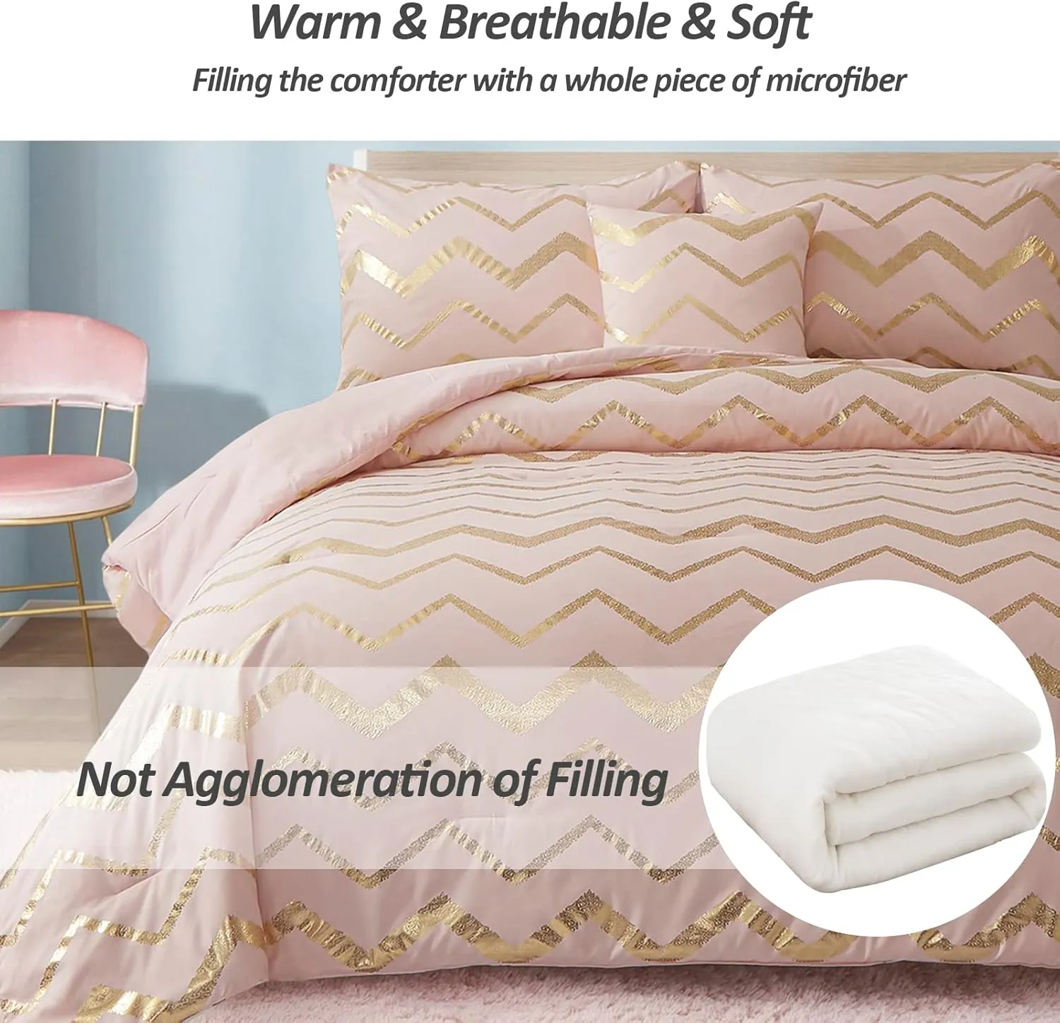 Menghomeus Pink Comforter Set Twin/Twin XL Size Metallic Blush and Rose Gold Bed Comforter 3 Piece Soft Microfiber Bedding for Teen Girls Women (1 Pillow Sham   1 Decorative Pillow Sham)