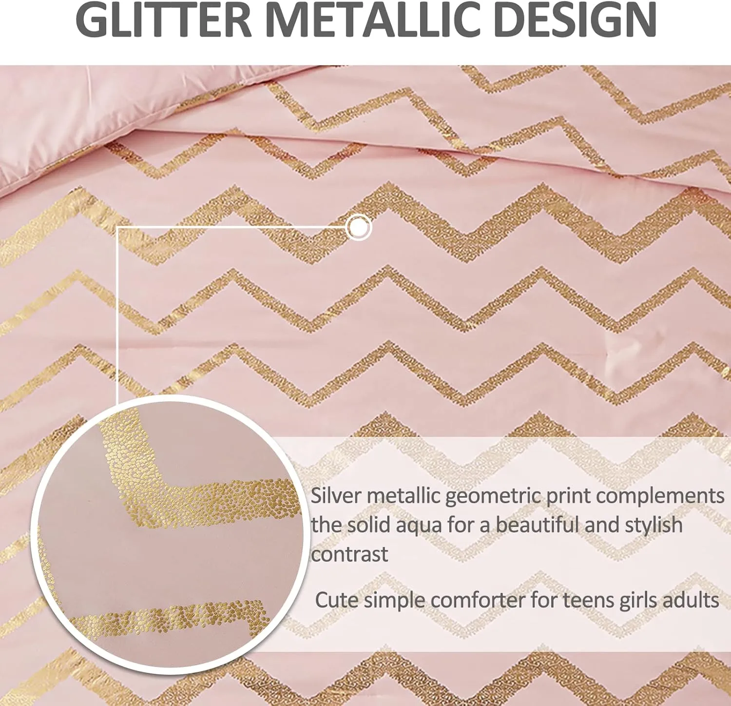 Menghomeus Pink Comforter Set Twin/Twin XL Size Metallic Blush and Rose Gold Bed Comforter 3 Piece Soft Microfiber Bedding for Teen Girls Women (1 Pillow Sham   1 Decorative Pillow Sham)