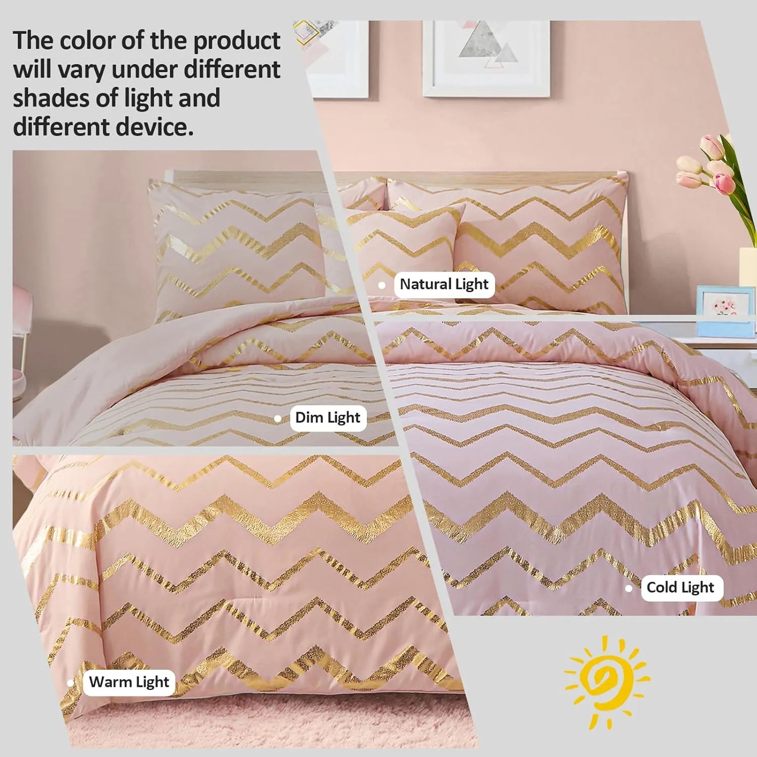Menghomeus Pink Comforter Set Twin/Twin XL Size Metallic Blush and Rose Gold Bed Comforter 3 Piece Soft Microfiber Bedding for Teen Girls Women (1 Pillow Sham   1 Decorative Pillow Sham)
