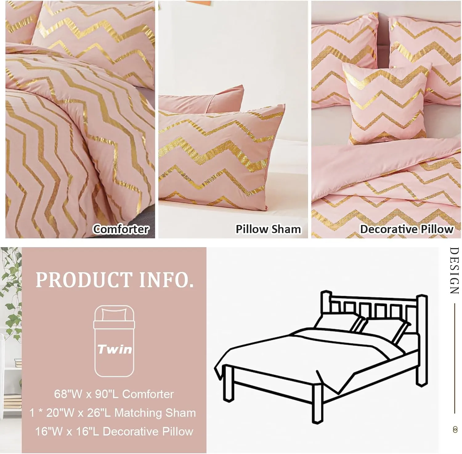 Menghomeus Pink Comforter Set Twin/Twin XL Size Metallic Blush and Rose Gold Bed Comforter 3 Piece Soft Microfiber Bedding for Teen Girls Women (1 Pillow Sham   1 Decorative Pillow Sham)