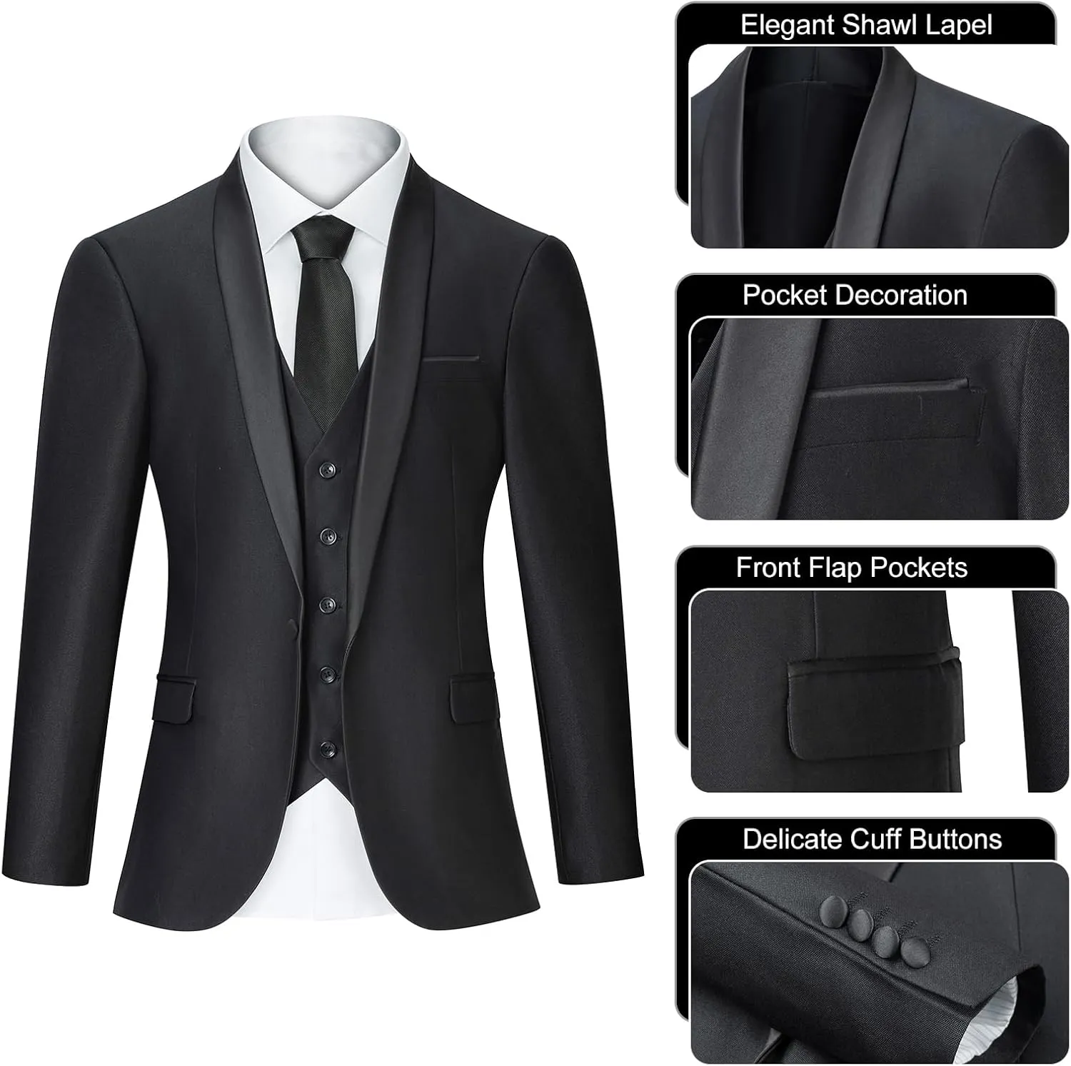 Men's Suit 3 Piece Slim Fit Suit, One Button Fine Glitter Shawl Lapel Blazer Jacket Vest Pants for Party & Wedding