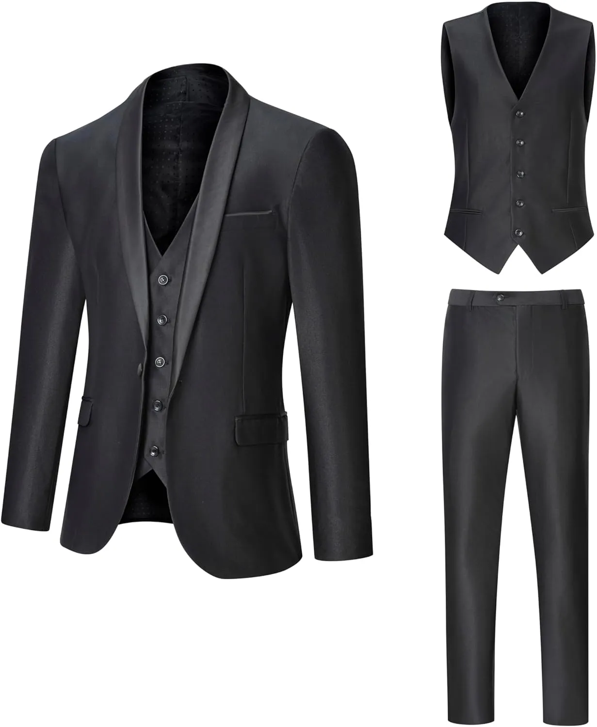 Men's Suit 3 Piece Slim Fit Suit, One Button Fine Glitter Shawl Lapel Blazer Jacket Vest Pants for Party & Wedding