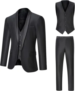 Men's Suit 3 Piece Slim Fit Suit, One Button Fine Glitter Shawl Lapel Blazer Jacket Vest Pants for Party & Wedding