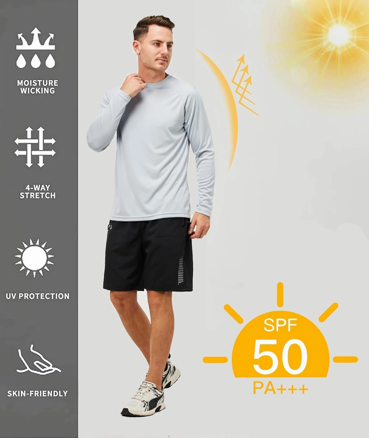 Mens 50  UPF Long Sleeve Shirt, Sun Protection Shirts UV Outdoor Lightweight Fishing T-Shirt for Hiking Swimming Rash Guard