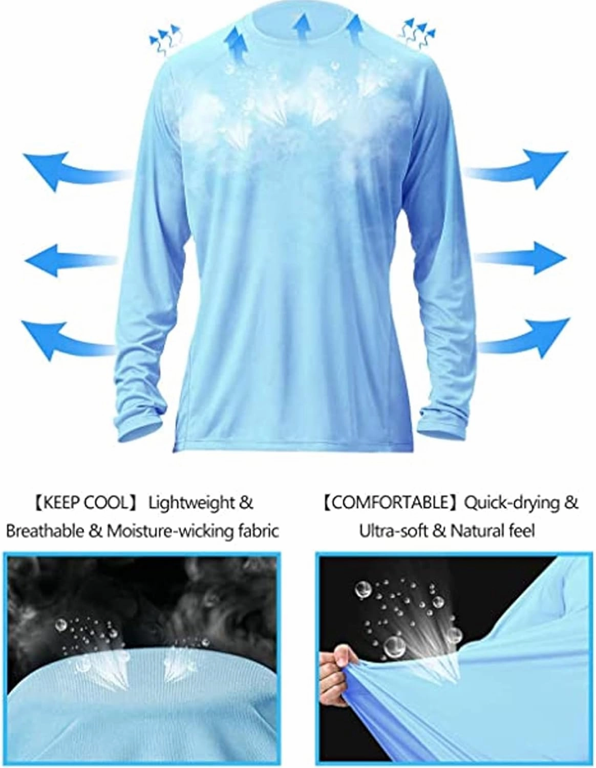 Mens 50  UPF Long Sleeve Shirt, Sun Protection Shirts UV Outdoor Lightweight Fishing T-Shirt for Hiking Swimming Rash Guard