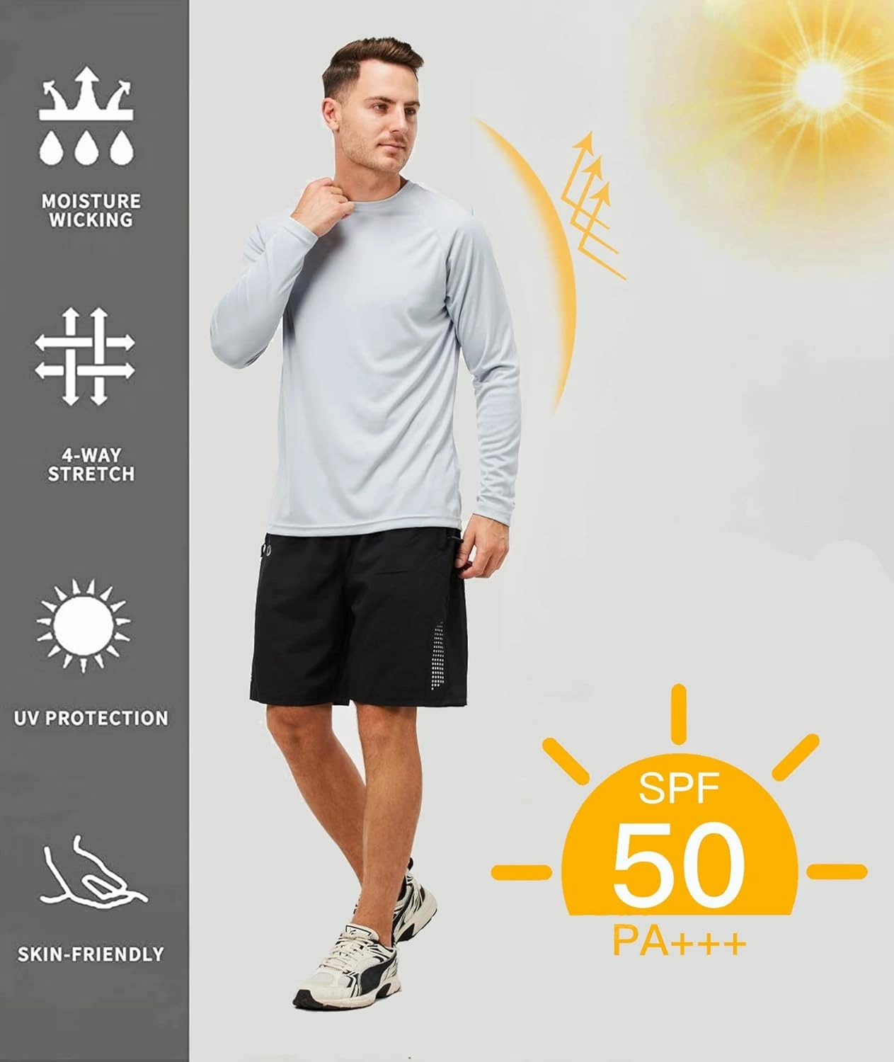 Mens 50  UPF Long Sleeve Shirt, Sun Protection Shirts UV Outdoor Lightweight Fishing T-Shirt for Hiking Swimming Rash Guard