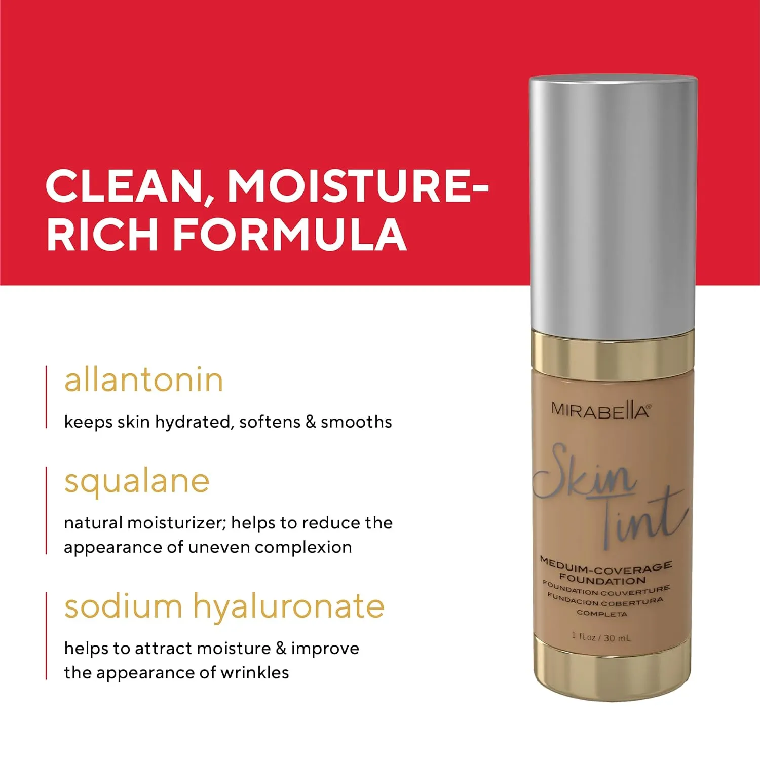 Mirabella Skin Tint Creme Liquid Foundation Makeup, Oil-Free Mineral Foundation for Medium Coverage - w/Hyaluronic Acid, Squalane, & Allantoin for All Skin Types - IIN Neutral