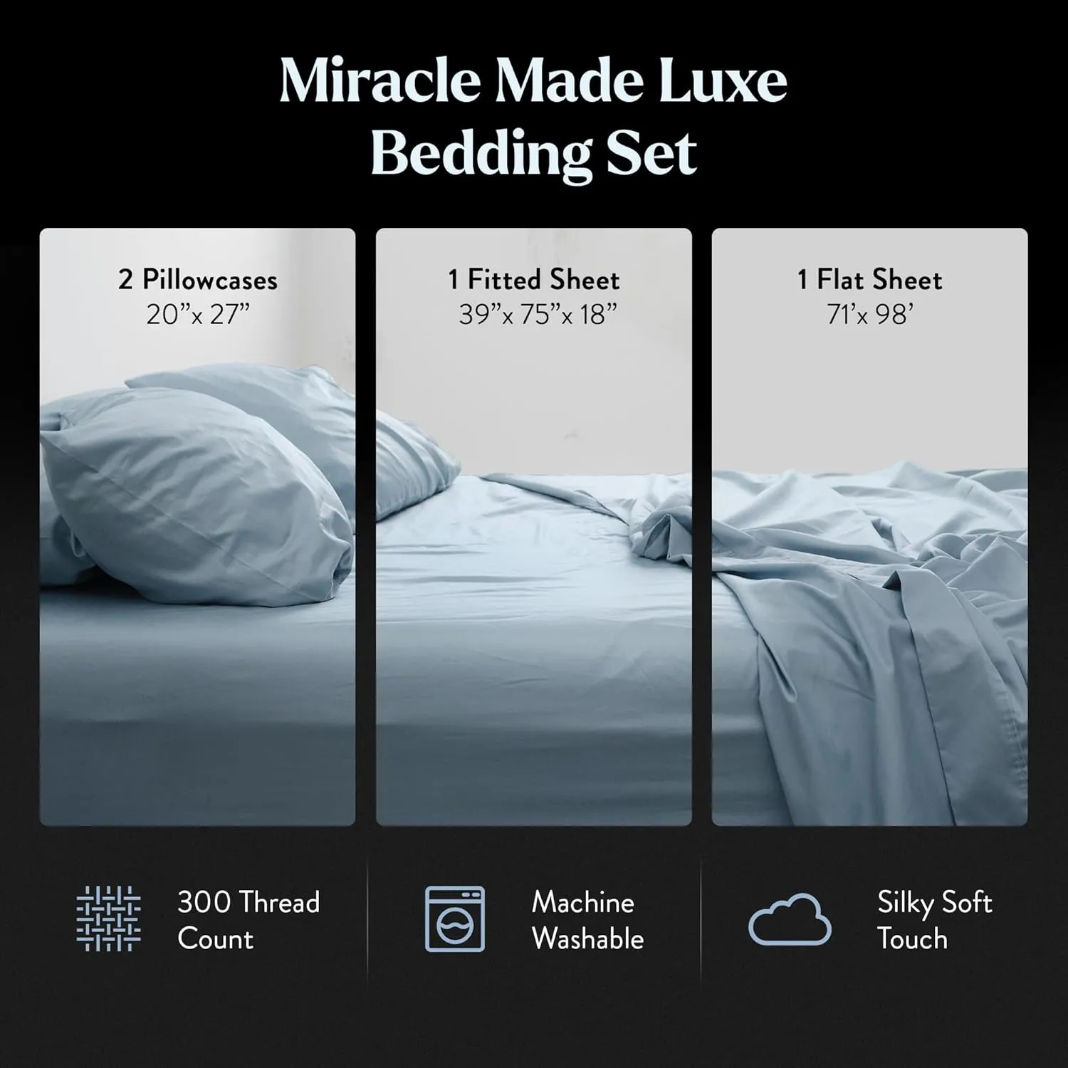 Miracle Made Cotton Bed Sheet Set - Sky Blue, 4 Piece Silver Infused, 300 Thread Count - Thermoregulating Clean & Cool Sheets