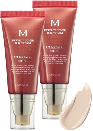 MISSHA M Perfect BB Cream No.21 (2 Pack) Light Beige for Bright Skin SPF 42 PA     1.69 Fl Oz - Tinted Moisturizer for face with SPF